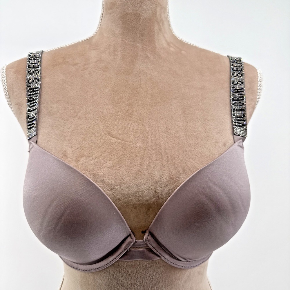 Victoria's Secret Very Sexy Push Up Bra Rhinestone Logo Straps Mauve Size 32DD